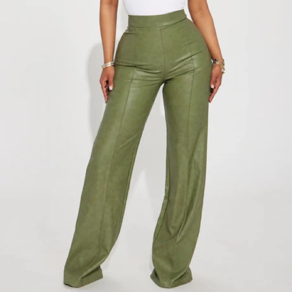Victoria High Waisted Washed Faux Leather Dress Pants - Olive